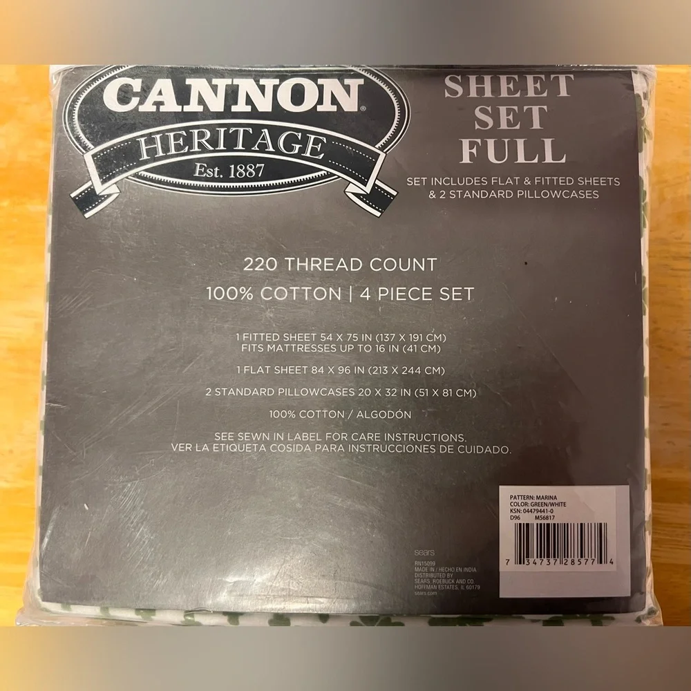 NWT Cannon 100% COTTON Full BED SHEET SET Marina WHITE Green
